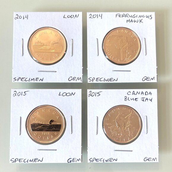 2014, 2014, 2015 and 2015 Canada Special Edition Specimen $1 Dollar Loonies! - Picture 1 of 10